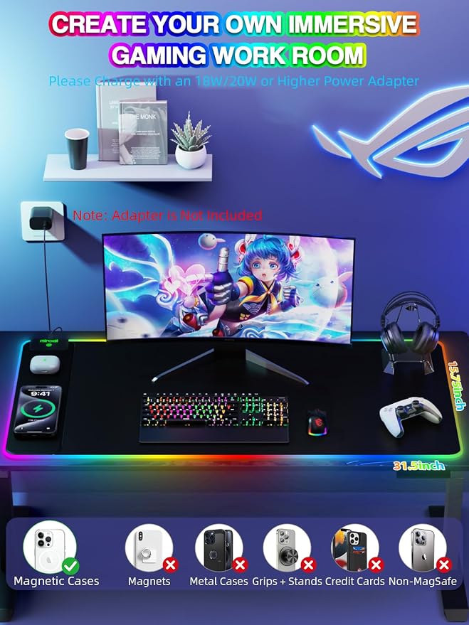 Mouse Pad with 15W Magnetic Wireless Charging 31.5x15.75 Inch, RGB Mousepad for Desk Mat, XXL Desk Pad with 11 Colors & 5 Modes, Home Office Large Keyboard Pad Waterproof Non-Slip for Gaming PC Setup