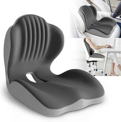 Ergonomic Waist Support and Seat Cushion, 2-in-1 Memory Foam Pad, Hollow Design for Coccyx, Suitable for Office Chairs, Car Safety Seats and Household Use - Relieves Lower Back and Hip Pain (Grey)