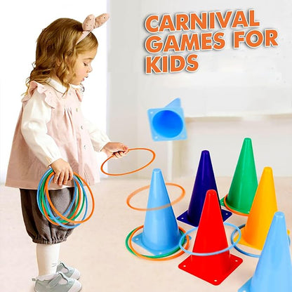 CircleCraft 31 Pcs. Plastic Cones and Rings Games Ring Toss Games for Adults, Carnival Games for Kids, Bean Bag for Kids Games Birthday Party, Yard Game, Sports & Outdoor Game for Family Party