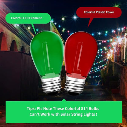 S14 Colored LED String Light Bulbs, 24-Pack 1W Plastic Shatterproof Waterproof Outdoor Indoor Replacement Bulbs for Home Decor, E26 Medium Screw Base, Red and Green Christmas Bulbs