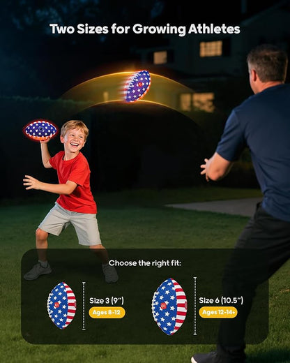 QPAU Glow in the Dark Football – 2 Pack Size 3 for Kids Ages 6-12, Strong Grip Light Up Football, Backyard Camping Outdoor Toy, Pump and Batteries Included, Birthday for Boys Girls