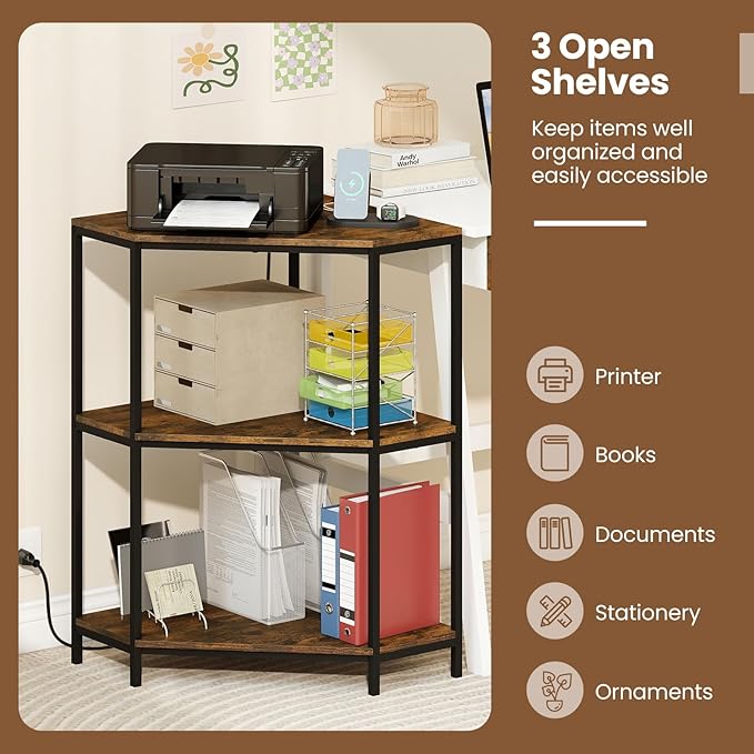 Giantex 2-Pack Corner Printer Stand, 3-Tier Corner Shelf with Charging Station and Metal Frame, Small Industrial Bookshelf, Printer Table for Living Room, Kitchen, Home Office