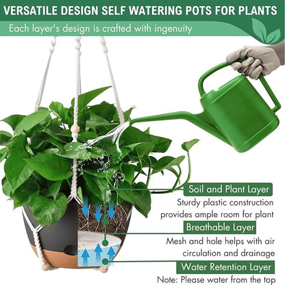 10 Inch Hanging Planters for Indoor Plants,Set of 2 Hanging Pots for Plants with Self-Watering, Outdoor Hanging Plant Pot with Drainage and 2 Kinds of Hanging Baskets Hangers for Home Decor and Garden