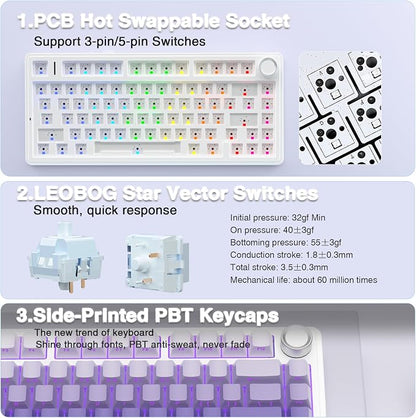 AULA F75 Pro Wireless Mechanical Keyboard,75% Hot Swappable Custom Keyboard,RGB Backlit,Pre-lubed Linear Switches,Side Printed PBT Keycaps Mechanical Gaming Keyboards,Gradient Purple