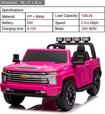 24V Ride on Toys for Kids, Chevrolet Silverado 2 Seater Ride on Car for Kids Remote Control Kids Electric Cars Kids Driving Car with Bluetooth, Power of Wheel Car for Kids Truck for All Types of Road