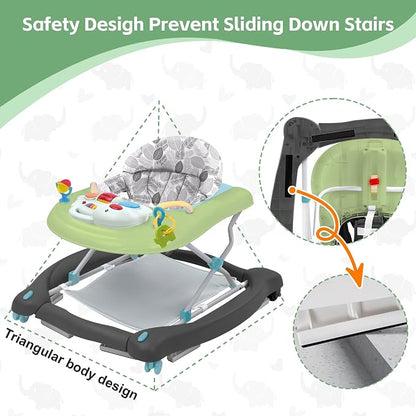 Pawtong Foldable Baby 5-in-1 Activity Walker - Rocker, Activity Center, Bouncer, Seat Walker, Push Walker - Adjustable Speed Rear Wheels and Height Toys Ages 6-18 Months… (Green)