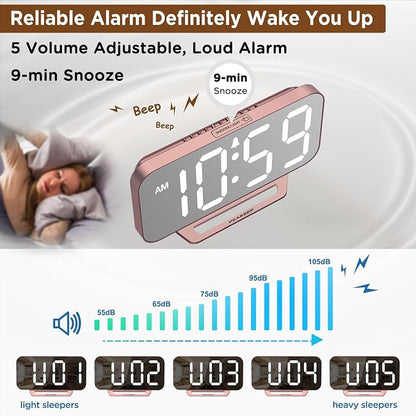 Peakeep Slim Digital Mirror Aesthetic Alarm Clock for Bedrooms Desk Decor | Plug in Electric Big LED Modern Small Clock for Office Living Room, Battery Backup, 6 Dimmers (Rose Gold)