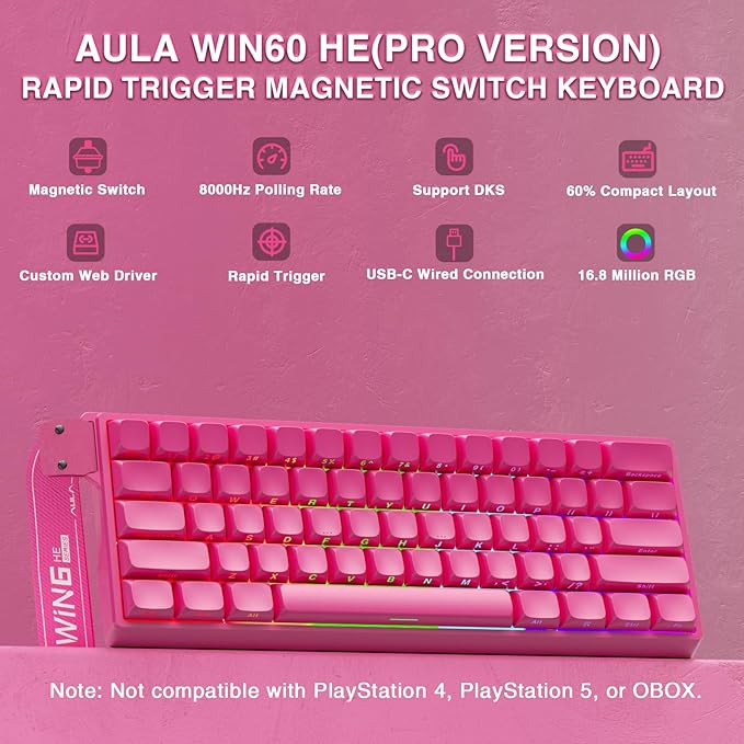 AULA WIN60 HE PRO 60% Mechanical Gaming Keyboard Wired, Magnetic Switch Hot Swappable, Adjustable Actuation Rapid Trigger Mode, 8000Hz Polling Rate, RGB Small Keyboard 60 Percent Compact Design for PC