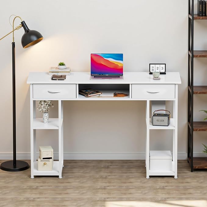 OLIXIS Desk with Storage, Computer Desk, Fabric Drawers | Home Office Work Table, Study Gaming Writing Table, Bedroom Small Space, White