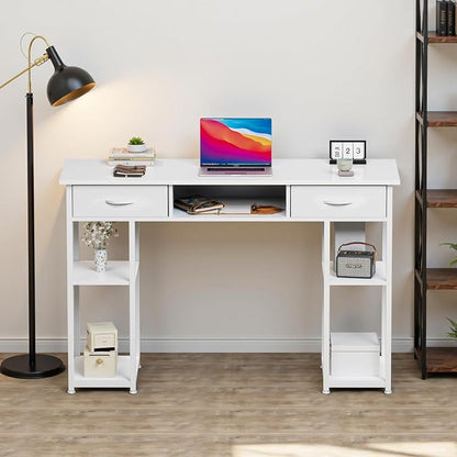 OLIXIS Desk with Storage, Computer Desk, Fabric Drawers | Home Office Work Table, Study Gaming Writing Table, Bedroom Small Space, White