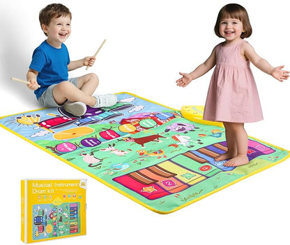 Musical Farm Animals Sounds Piano Mat for Kids, Educational Learning Toy | Sensory Interactive Floor Touch Play Mat with Drumset Dancing Keyboard Carpet for 3-12 Year Old Boy Girl Gifts