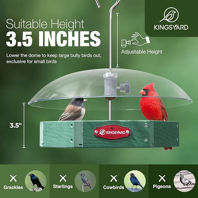 Kingsyard Large Platform Bird Feeder Outdoor Hanging, Adjustable Dome Squirrel Proof Rain Cover, Metal Mesh Tray Recycled Plastic Wild Bird Seed Feeding Station, Green