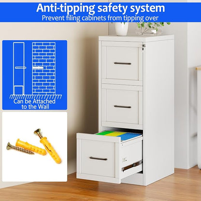 Small Metal 3-Drawer File Cabinet, Under-Desk Filing Cabinet, White | Locking, Adjustable Hanging Rail, Fit A4, FC, Letter, Hanging File Folders for Home Office Storage Organization, 2PS