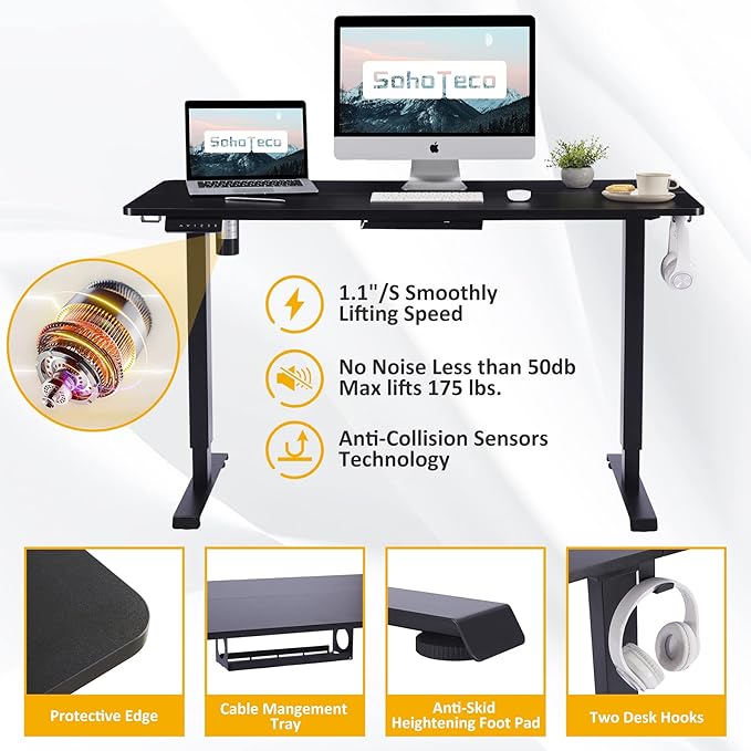 Electric Height Adjustable Desk, 48x24 Sit Stand Desk with Splice Board, Gaming Desk with Memory Presets, Black Steel Frame & Black Board
