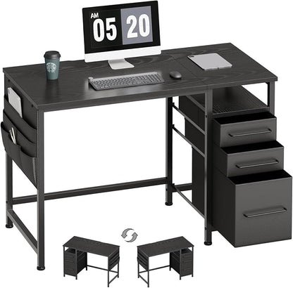 Maihail Small Desk with Drawers, Office Desk with Storage Shelves, Black | 40 Inch Desktop, Metal Frame, 3 Fabric Drawers, Storage Shelves, Computer & Writing Desk, Office Gaming Workstation