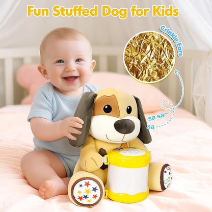V-Opitos Stuffed Dog Musical Toys for Baby 6-12 Months+, Early Learning Light up Music Drum, Perfect Christmas Birthday Gifts for Boy & Girl Age 1, 2 Years Old