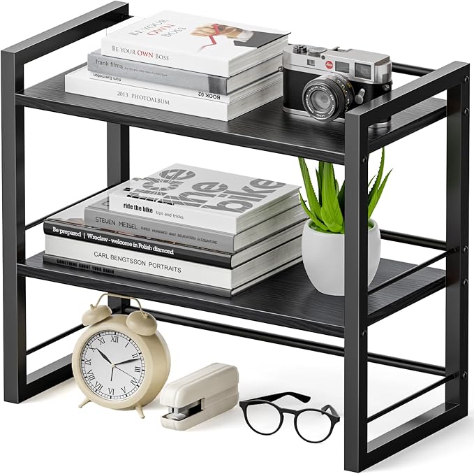 Office Desk Shelf Organizer, Wood Desktop Bookshelf Supplies Storage Rack, Shelf for Top of Desk and Dresser (Pure Black-2 Tier)