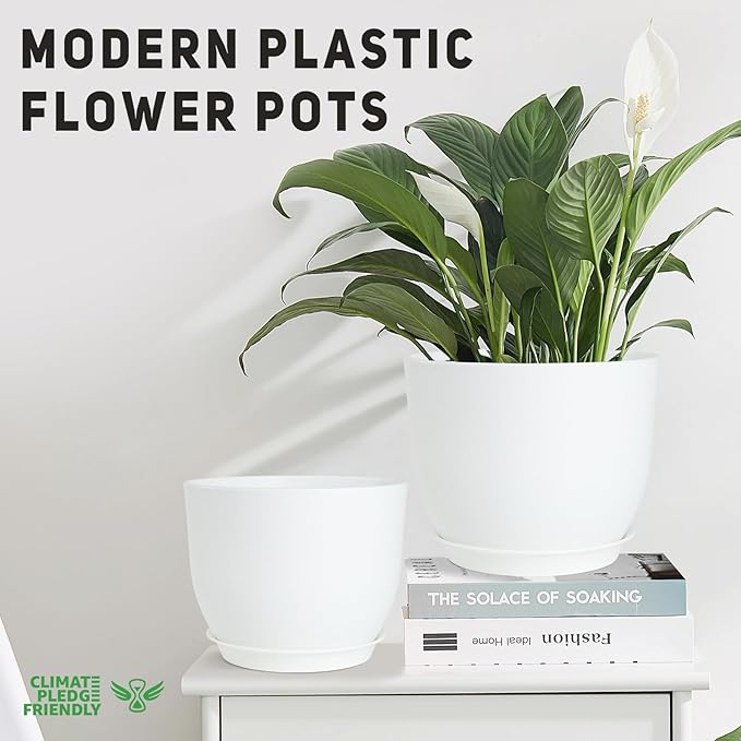 Plant Pots 10/9/8/7.5/7 inch Flower Pots with Multi Mesh Drainage Holes, Planters for Indoor Outdoor Garden Plants and Flowers. (White)