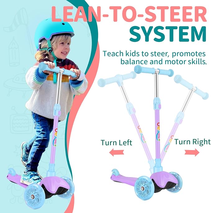 BELEEV A1 Scooter for Kids Ages 2-6, 3 Wheel Kick Scooter for Toddlers Girls Boys, Light up Wheels, Adjustable Height, Lean to Steer, Non-Slip Deck, Lightweight Push Scooter for Children