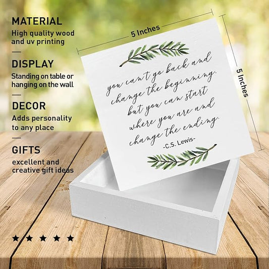 Home Office Desk Wooden Box Sign Decor, You Can't Go Back and Change The Beginning, Inspirational Quotes Desk Decor Motivational Desk Decorations for Women Men Alcoholics Anonymous Counselor Therapist