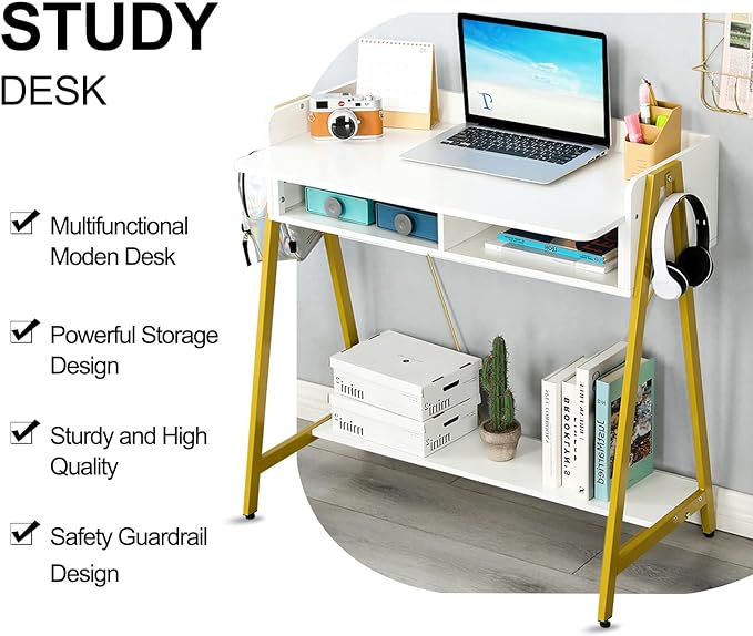 TEAMIX Small White Desk with Drawer and Shelf, Wood Computer Desk for Laptop PC, Gaming Desk with Hooks Vanity Makeup Desk for Girls Home Office Desk