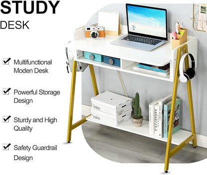 TEAMIX Small White Desk with Drawer and Shelf, Wood Computer Desk for Laptop PC, Gaming Desk with Hooks Vanity Makeup Desk for Girls Home Office Desk