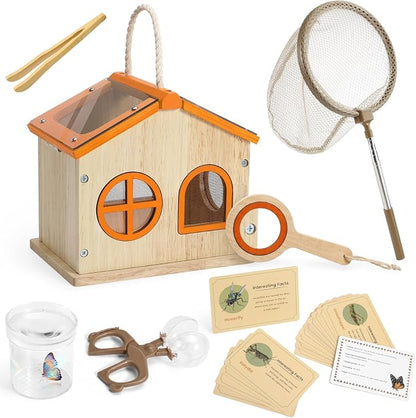 SainSmart Jr. Bug Catcher for Kids - Wooden Bug Habitat with Magnified Viewer, Butterfly Net, Observation Box, Tweezers & 15 Cards, Outdoor Toys & STEM Toys for Boys & Girls Ages 3+, Orange