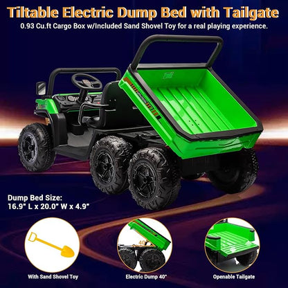 Hetoy 2 Seater Ride on Dump Truck, 24V Electric Vehicle Toys for Kids with Remote Control, Ride on Car with Electric Dump Bed, Toy Shovel, Music, LED Headlights & Spring Suspension- Ages 3+ (Green)