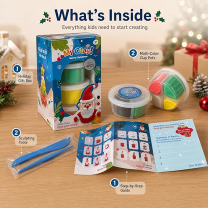 Air Dry Clay for Kids, 4 Christmas Mini Modeling Clay Sets, DIY Snowman Model Magic Clay Kit with Tools & Tutorials, Christmas Stocking Stuffers for Kids, Creatible Art Crafts Toys Gifts Xmas Gift