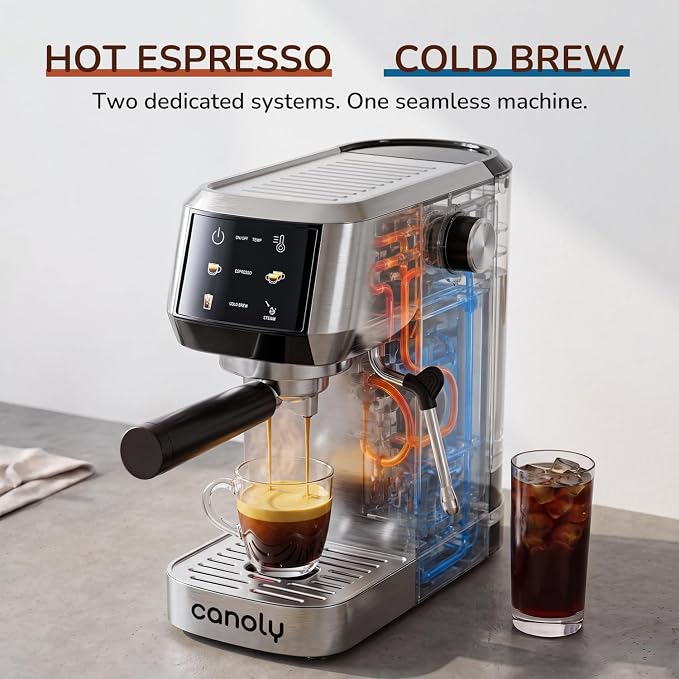 Canoly 2-in-1 Espresso Machine, Cold Brew Maker, 20 Bar Pump, Touchscreen | Steam Milk Frother for Cappuccino and Latte, Compact Home Espresso Maker, 9 Bar Extraction, Fast Heating, Easy Cleaning