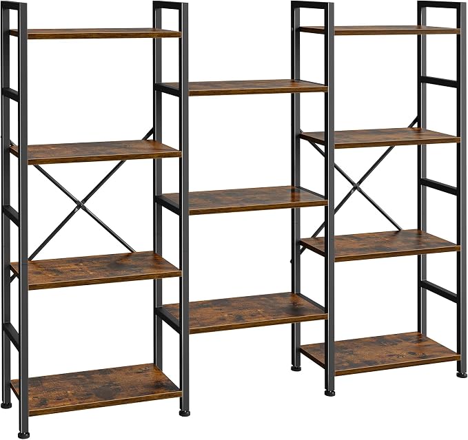 SUPERJARE Triple Bookshelf, Bookcase with 11 Open Display Shelves, Wide Book Shelf Book Case for Home & Office, 4 Tier, Brown