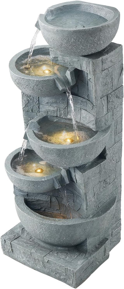 VEVOR Outdoor Water Fountain, 31.5 in Height Fountain and Waterfall, 5-Tier Floor Standing Bowl-Shaped Cascading Fountains with LED Light and Pump, for Outdoor Indoor Garden, Home, Patio & Backyard