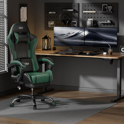 HLDIRECT Gaming Chair, Ergonomic Video Game Seat with 360° Swivel & Lumbar Massage, Computer Chair PU Leather Cushion for Adults Home/Office Use (Black & Green)