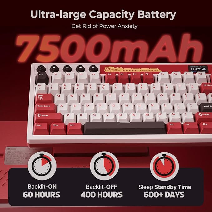 RK ROYAL KLUDGE M87 Wireless Gaming Keyboard with Screen & Dual Knobs, Red | Bluetooth/2.4G/Wired, Hot Swappable Cream Switches, 5-Layer Noise Dampening Gasket Structure,Compact 75% Size for PC/WIN/Mac