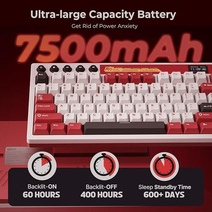 RK ROYAL KLUDGE M87 Wireless Gaming Keyboard with Screen & Dual Knobs, Red | Bluetooth/2.4G/Wired, Hot Swappable Cream Switches, 5-Layer Noise Dampening Gasket Structure,Compact 75% Size for PC/WIN/Mac