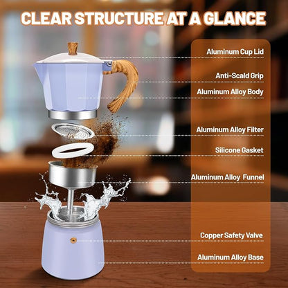6 Cup Aluminum Espresso Stovetop Moka Pot Express Coffee Maker Percolator Italian Classic Mocha Coffee Machine for Italian and Cuban Cafe Brewing for Home & Camping 300ml 10oz