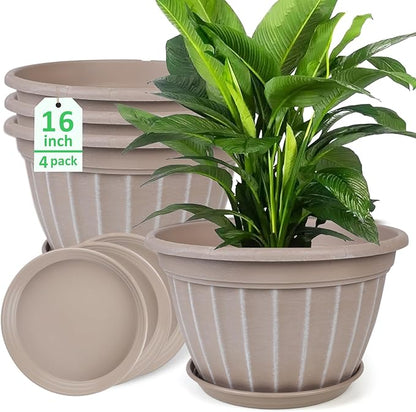 FGstyle 4 Pack 16 inch Plant Pots, Retro Vertical Stripe Planters with Drainage Holes and Saucer, Sturdy Plastic Garden Flower Pots for Indoor & Outdoor Plants(Beige)