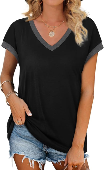 WIHOLL Womens Summer Tops 2026 Cap Short Sleeve Shirs V Neck T Shirts Fashion Beach Vacation Clothes Color Block