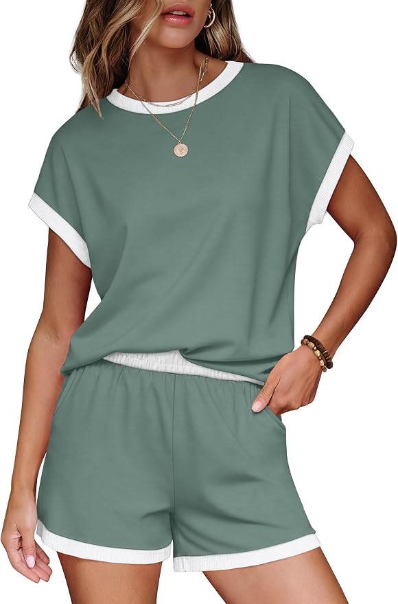 WIHOLL Two Piece Sets for Women Summer Lounge Short Sets Cap Sleeve Crew Neck Sweatsuit with Pocket XS-2XL