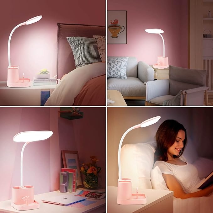 Mubarek Cute Desk Lamp Pink Lamp Cute Desk Accessories, 3 Modes 8W Dimmable Pink Desk Lamp+Organizers, Pink Desk Accessories Kawaii Desk Accessories, Cute Lamp Cute Desk Decor Cute Office Supplies