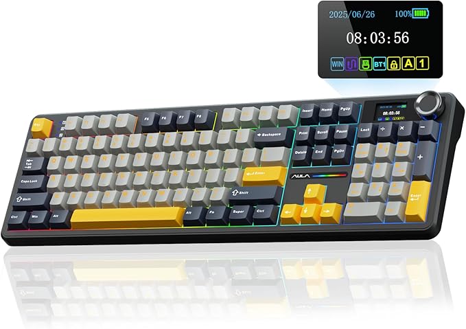 AULA F108 PRO - Wireless Mechanical Keyboard with Screen&Knob,Hot Swappable Gaming Keyboard with 8000mAh Battery,Pre-lubed Switches,RGB Backlit,PBT Keycaps Creamy Sounding Computer Keyboards,104 Keys