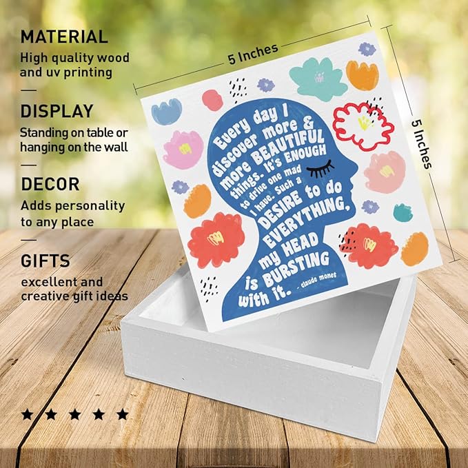 Home Office Desk Wooden Box Sign Decor, I Discover More & More Beautiful Things, Inspirational Quotes Desk Decor Motivational Desk Decorations for Women Girls Teens Student Office Classroom School