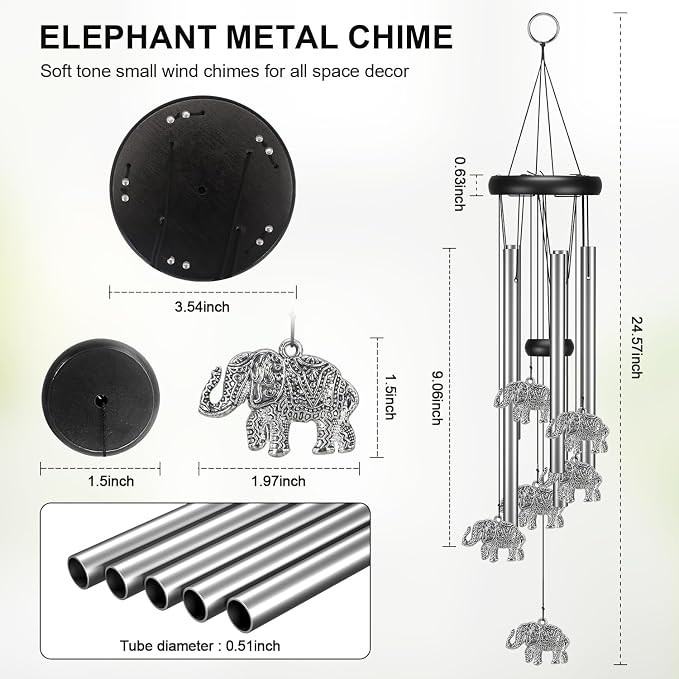 Virekm Windchimes Outdoors Clearance, Aluminum Metal Wind Chime for Outside Sympathy Hanging Wind Chimes for Patio Decoration, Garden Decor. Zen Garden Decor,Gifts for Women（Elephant）