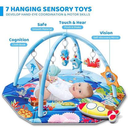 Baby Gym Play Mat, 8-in-1 Ocean Theme Tummy Time Mat & Ball Pit, Washable Baby Activity Play Mat for Visual, Hearing, Sensory, Motor Development, Baby Toys Gift for Toddler Infant 0-3-6-9-12-18 Months