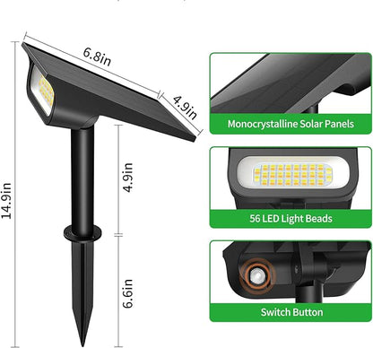 Solar Light Outdoor Waterproof IP65, 56 LED 3 Color Modes Solar Spot Lights Outdoor, Solar Powered Garden Lights for Outside Landscape Pathway Yard House Patio Garage Driveway Tree, 2Pack