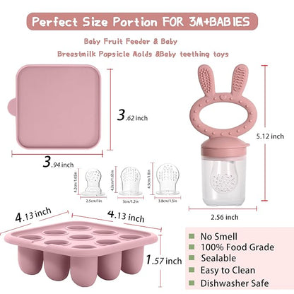 Baby Breastmilk Popsicle Molds & Baby Fruit Feeder (3 Pack), Baby Food Freezer Tray Storage Containers, Silicone Teething Pacifier Feeder and Teether for Babies,Baby Feeder-Pink