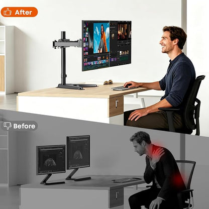 Dual Monitor Stand fits 17-32 inch, Free Standing Heavy Duty Monitor Mount | Precise Slide, Tilt, Swivel, Rotate and Height Adjust, 19.8 lbs per Arm, VESA 75/100mm