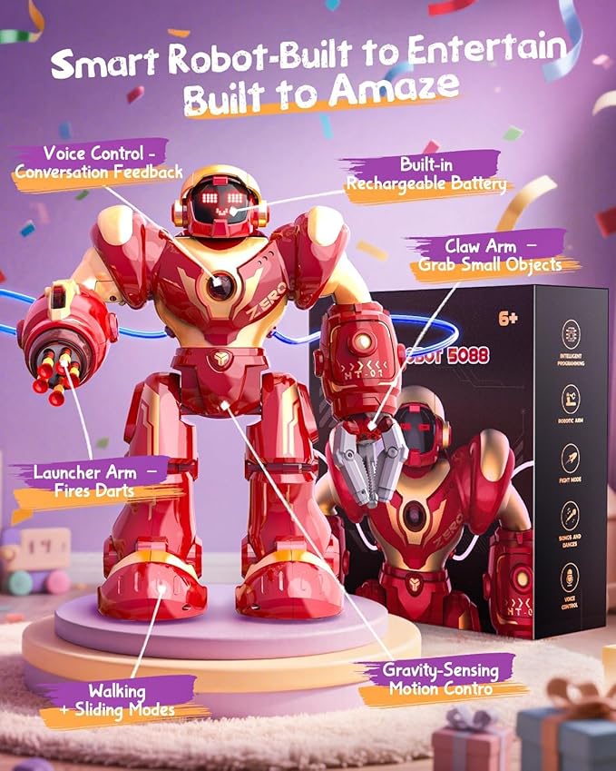 Holyton 5088 Smart Robot for Kids, Programmable Remote Control Robot | 15.7" Large Robot, Voice, App & Remote Control, Grab & Foam Dart Launcher, Music & Dancing, STEM Toy, Gift for Kids Ages 5-12