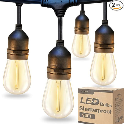 addlon 96FT(48FT*2) LED Outdoor String Lights with Edison Shatterproof Bulbs Commercial Grade Patio Cafe Light, ETL Listed Weatherproof Strand 30 Hanging Sockets for Bistro Backyard