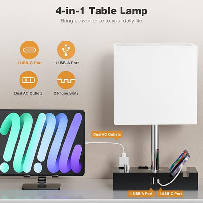 Fully Dimmable Bedside Lamps for Bedroom with USB C Ports, Kakanuo White USB Table Lamp Set of 2, Wooden Desk Lamp with 2 Charging Outlets and Phone Stand for Nightstand and Living Room, Bulb Included